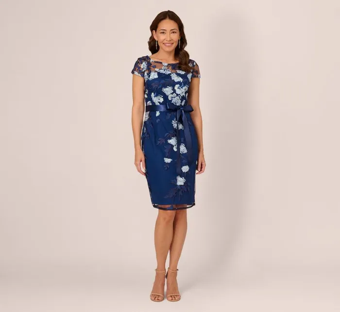 Short Dresses Womens Adrianna Papell Embroidered Sheath Dress In Midnight Multi