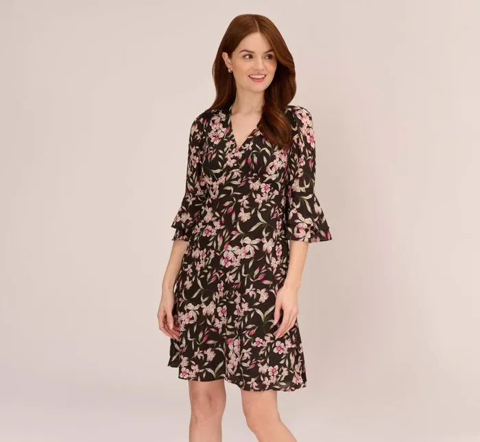 Short Dresses Womens Adrianna Papell FloralPrint FitAndFlare Chiffon Short Dress In Black Multi Short Dresses Womens Adrianna Papell FloralPrint FitAndFlare Chiffon Short Dress In Black Multi