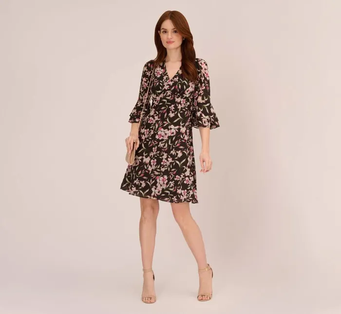 Short Dresses Womens Adrianna Papell FloralPrint FitAndFlare Chiffon Short Dress In Black Multi