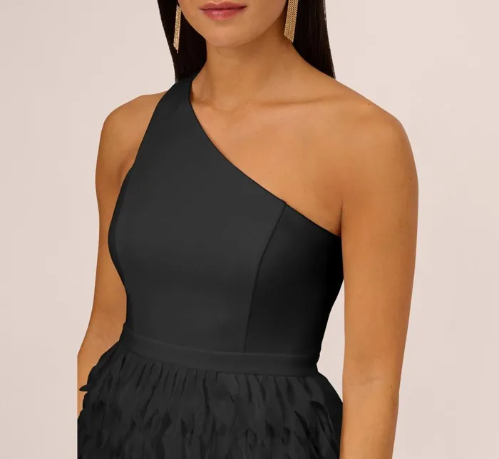 Short Dresses Womens Adrianna Papell One Shoulder Cocktail Dress With Feather Chiffon Skirt In Black