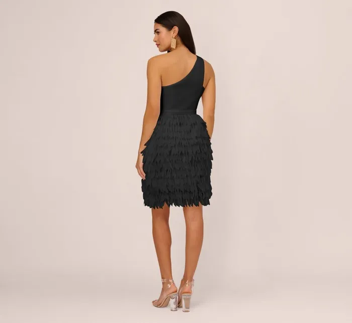 Short Dresses Womens Adrianna Papell One Shoulder Cocktail Dress With Feather Chiffon Skirt In Black