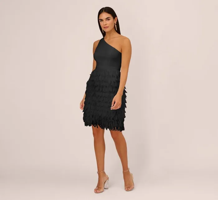 Short Dresses Womens Adrianna Papell One Shoulder Cocktail Dress With Feather Chiffon Skirt In Black