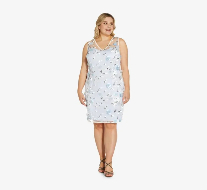 Short Dresses Womens Adrianna Papell Plus Size Floral Embroidered Sheath Dress In Clearwater Ivory