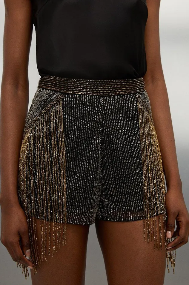 Shorts Women Karen Millen Premium Embellished Fringe Woven Shorts Black