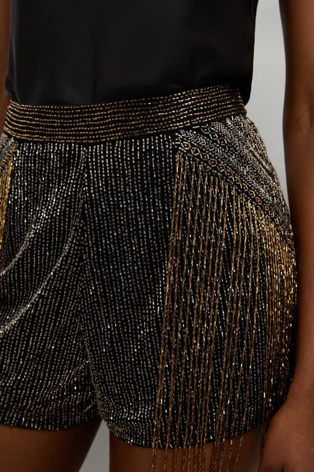 Shorts Women Karen Millen Premium Embellished Fringe Woven Shorts Black