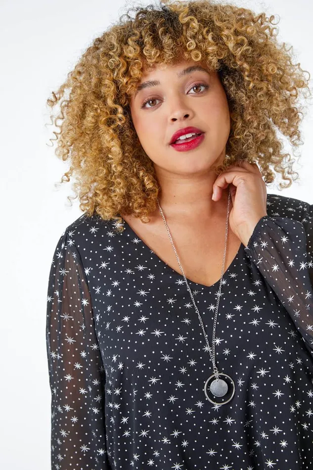 Silver Curve Metallic Star Necklace VNeck Chiffon Top Women Roman Tops