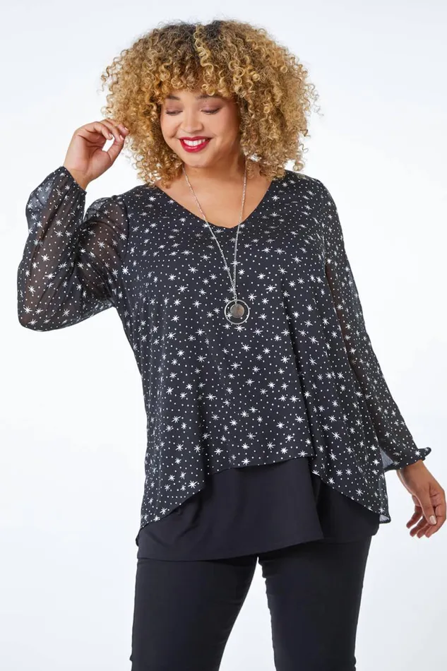 Silver Curve Metallic Star Necklace VNeck Chiffon Top Women Roman Tops