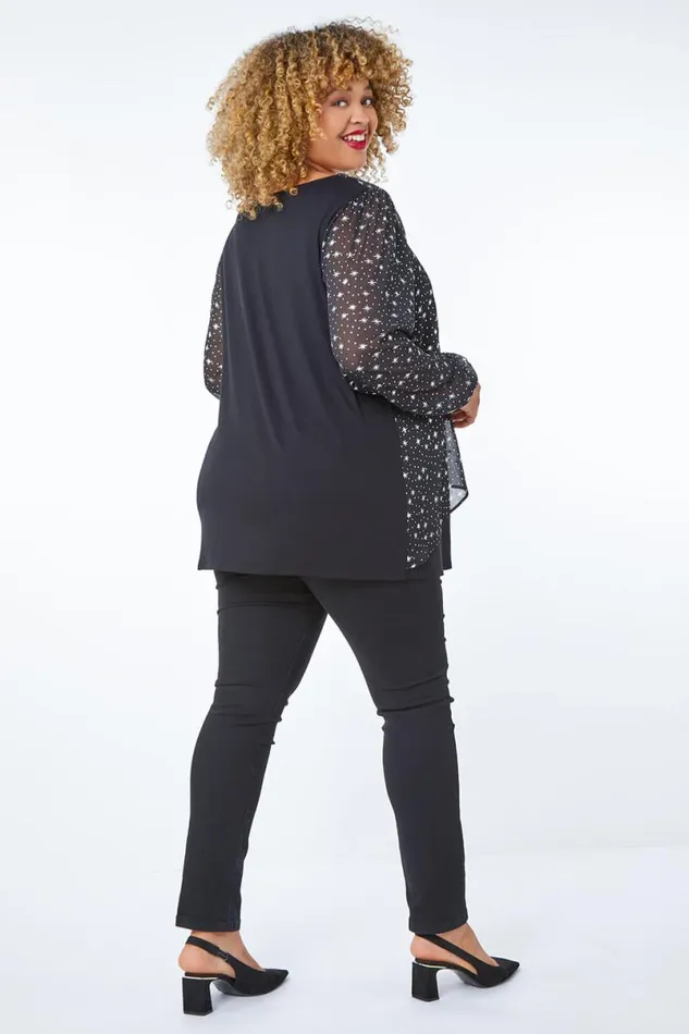 Silver Curve Metallic Star Necklace VNeck Chiffon Top Women Roman Tops