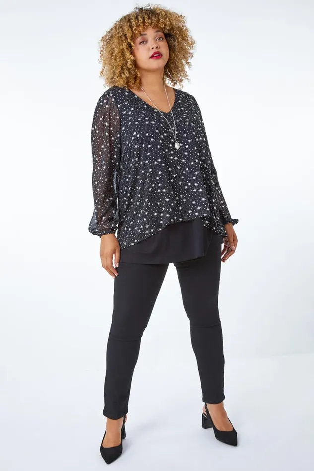 Silver Curve Metallic Star Necklace VNeck Chiffon Top Women Roman Tops