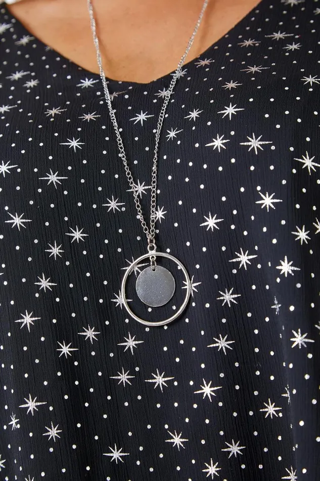 Silver Curve Metallic Star Necklace VNeck Chiffon Top Women Roman Tops