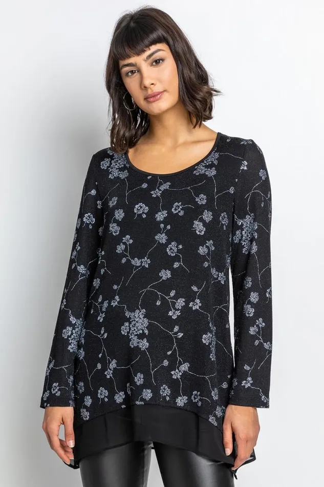 Silver Shimmer Floral Print Top Women Roman Tops