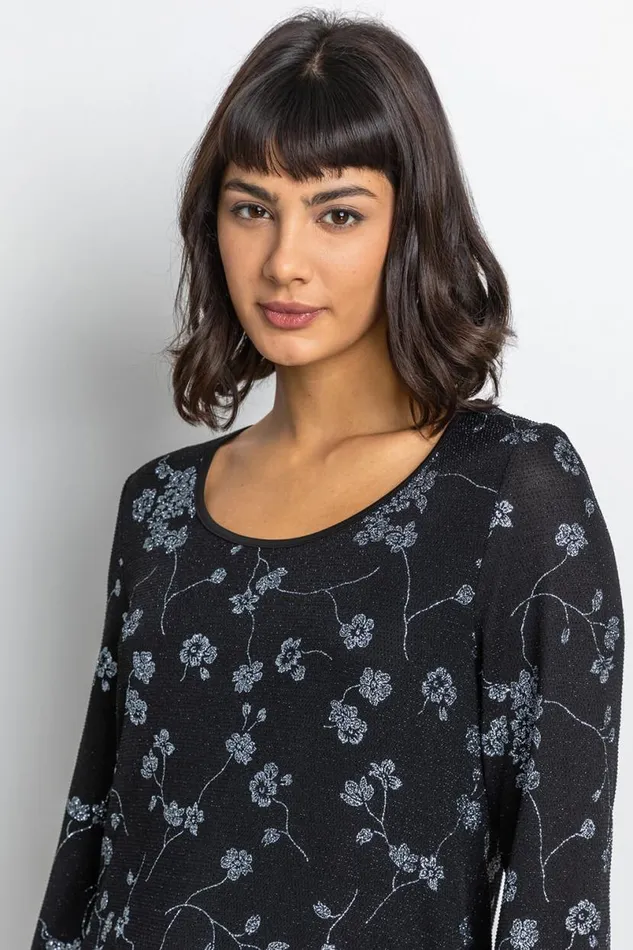 Silver Shimmer Floral Print Top Women Roman Tops