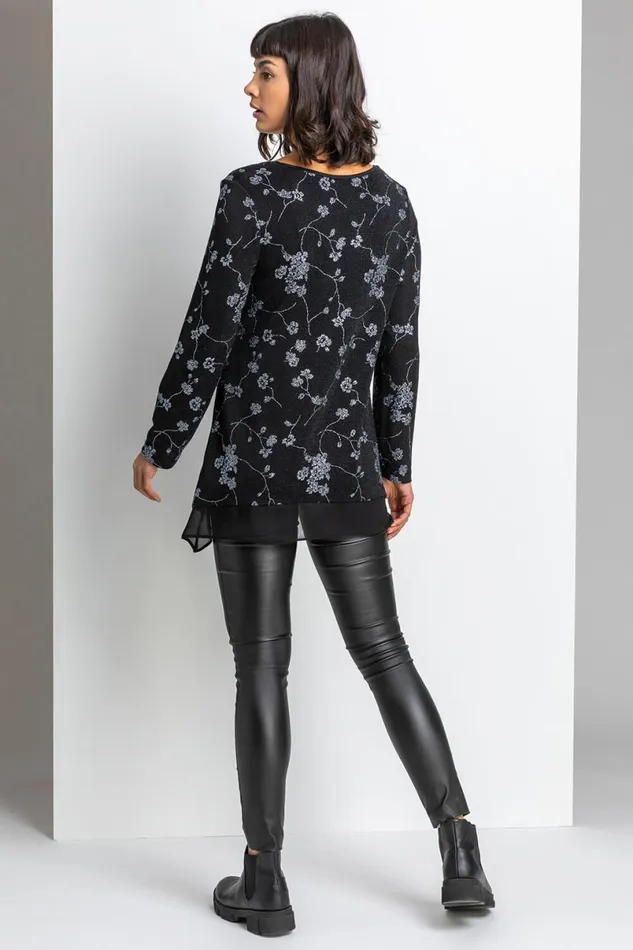 Silver Shimmer Floral Print Top Women Roman Tops