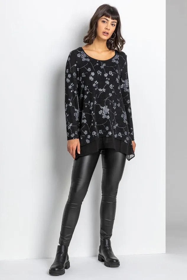 Silver Shimmer Floral Print Top Women Roman Tops