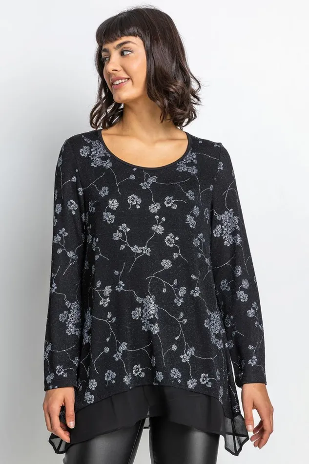 Silver Shimmer Floral Print Top Women Roman Tops