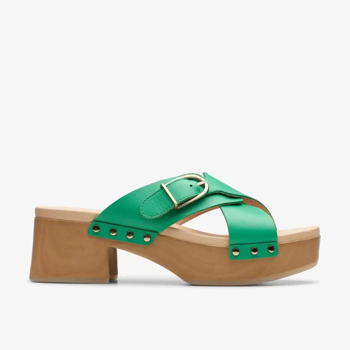 Sivanne Walk Green Leather Women Clarks Clogs and Mules
