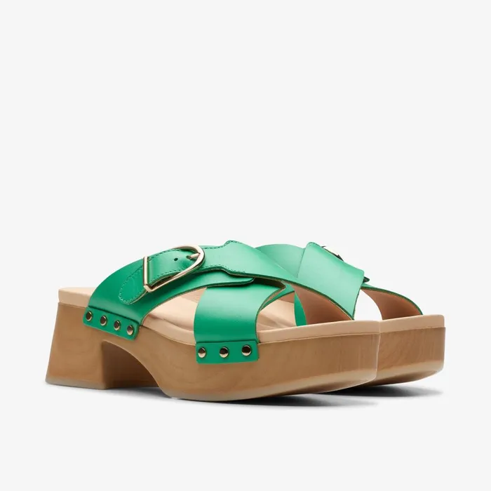 Sivanne Walk Green Leather Women Clarks Clogs and Mules