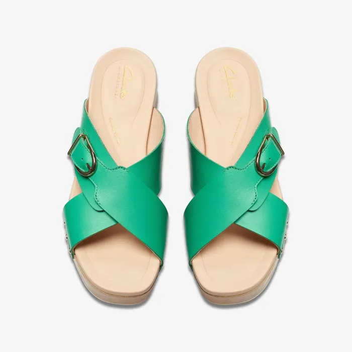 Sivanne Walk Green Leather Women Clarks Clogs and Mules