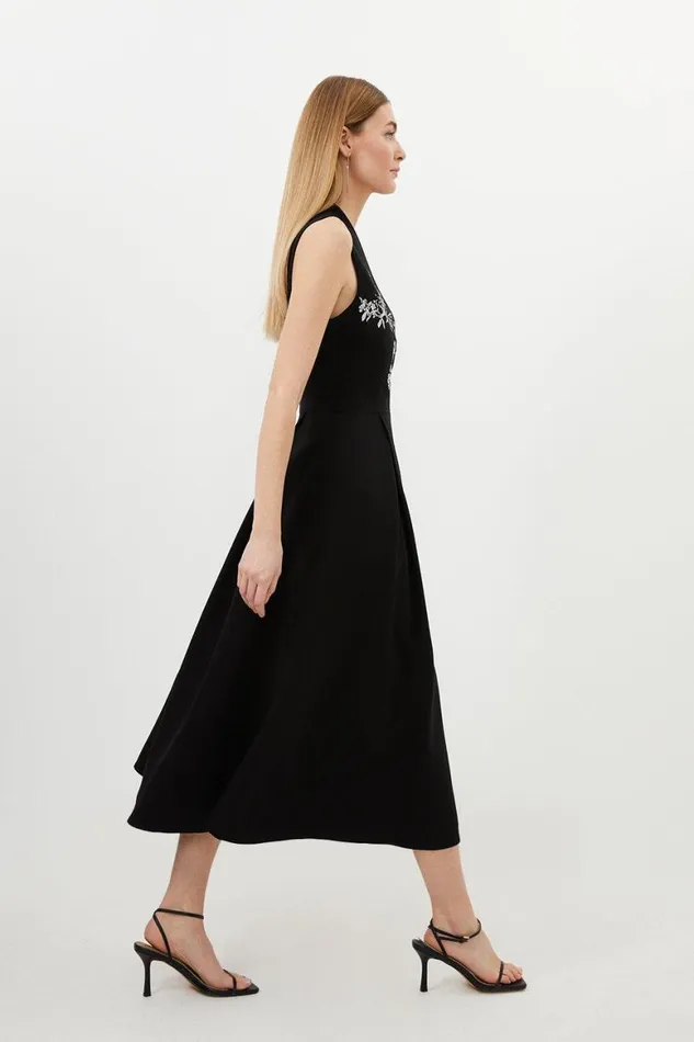 Skirts Women Karen Millen Compact Viscose Embroidery Drape Shoulder Maxi Dress Black