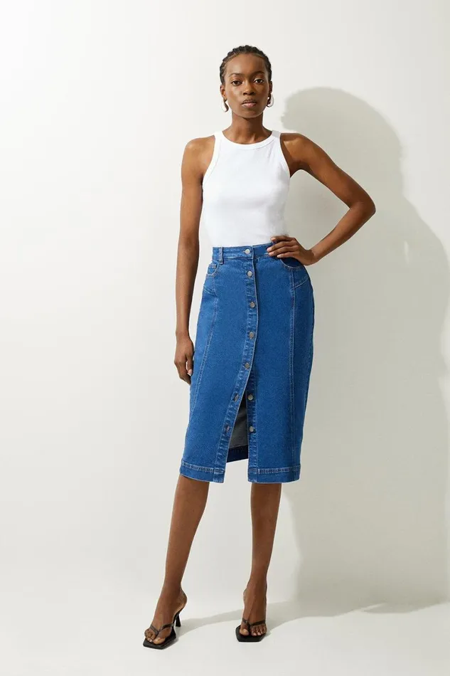 Skirts Women Karen Millen Denim Button Through Midi Skirt Mid Blue