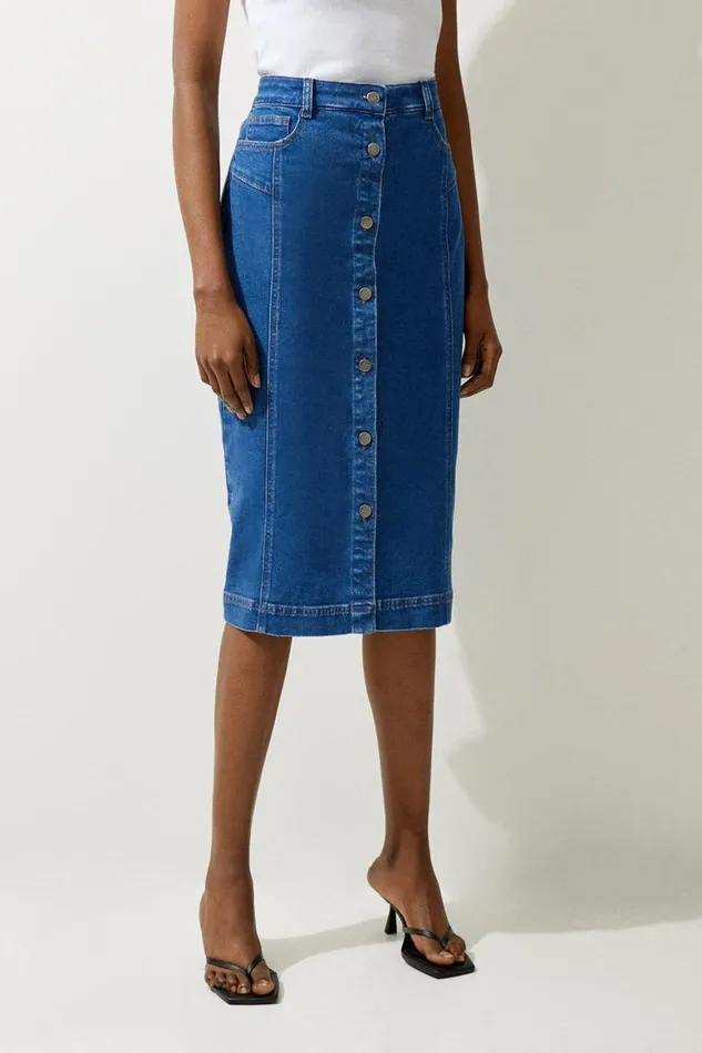 Skirts Women Karen Millen Denim Button Through Midi Skirt Mid Blue