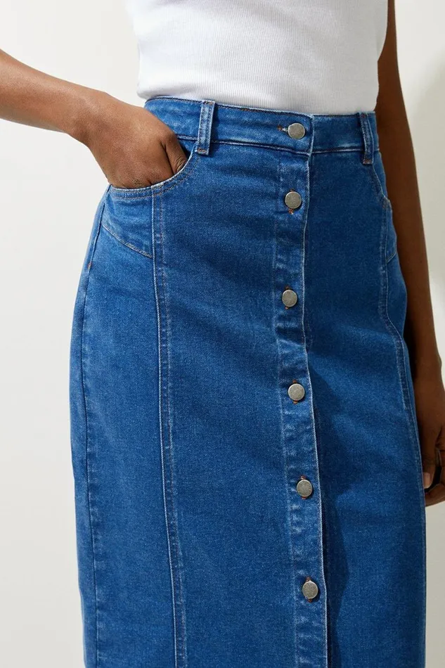 Skirts Women Karen Millen Denim Button Through Midi Skirt Mid Blue