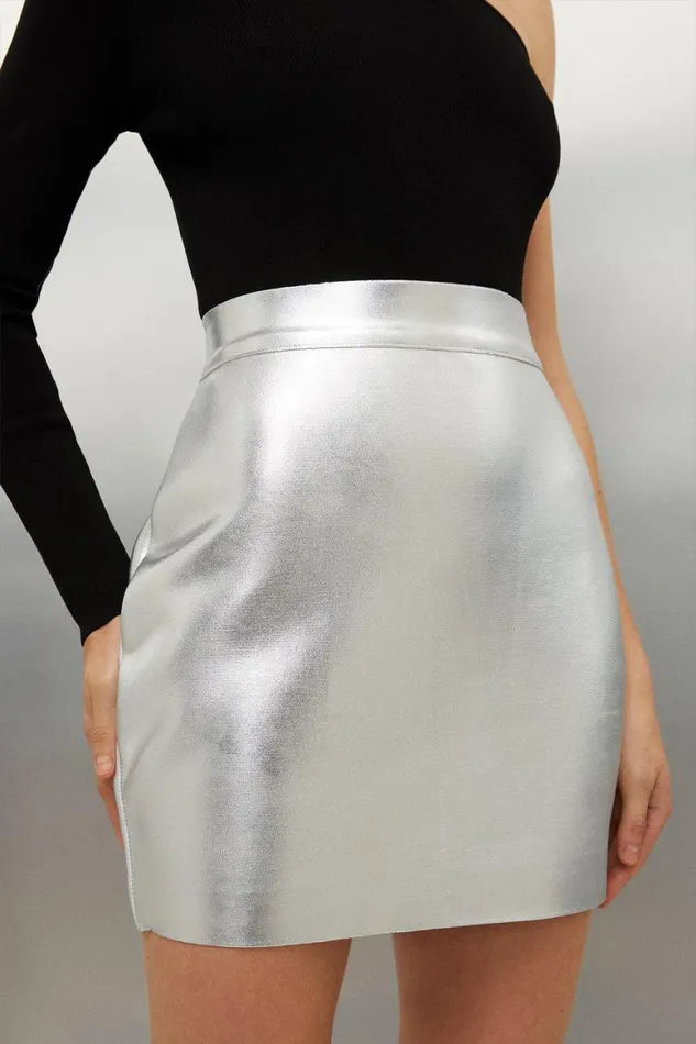 Skirts Women Karen Millen Figure Form Bandage Foiled Knit Mini Skirt Silver