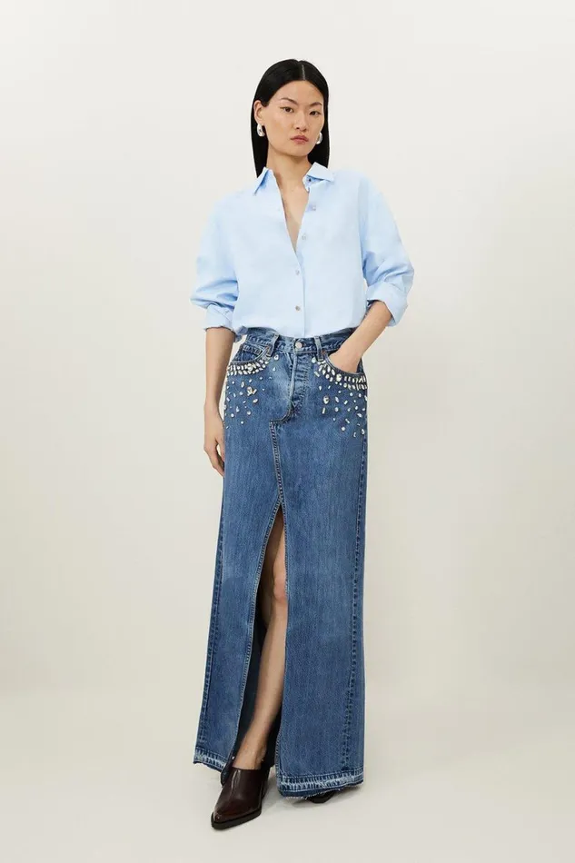 Skirts Women Karen Millen Hand Embellished Pocket Vintage Deconstructed Skirt Mid Wash Skirts Women Karen Millen Hand Embellished Pocket Vintage Deconstructed Skirt Mid Wash