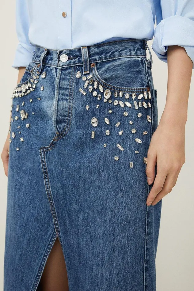 Skirts Women Karen Millen Hand Embellished Pocket Vintage Deconstructed Skirt Mid Wash