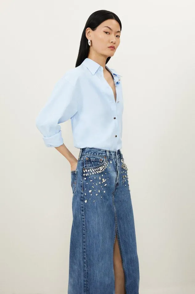 Skirts Women Karen Millen Hand Embellished Pocket Vintage Deconstructed Skirt Mid Wash