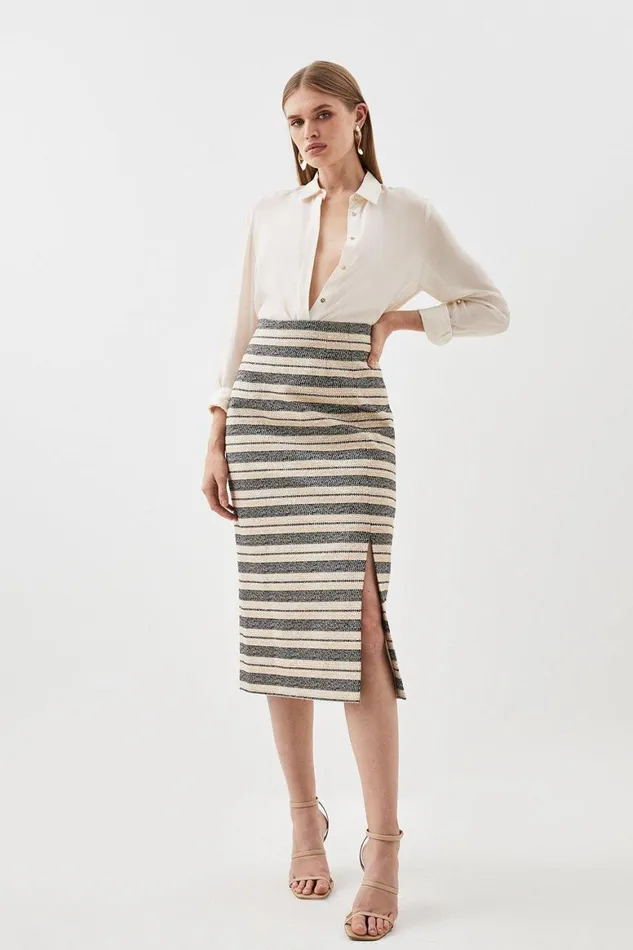 Skirts Women Karen Millen Italian Striped Sequin Tweed Detail Midi Skirt Multi