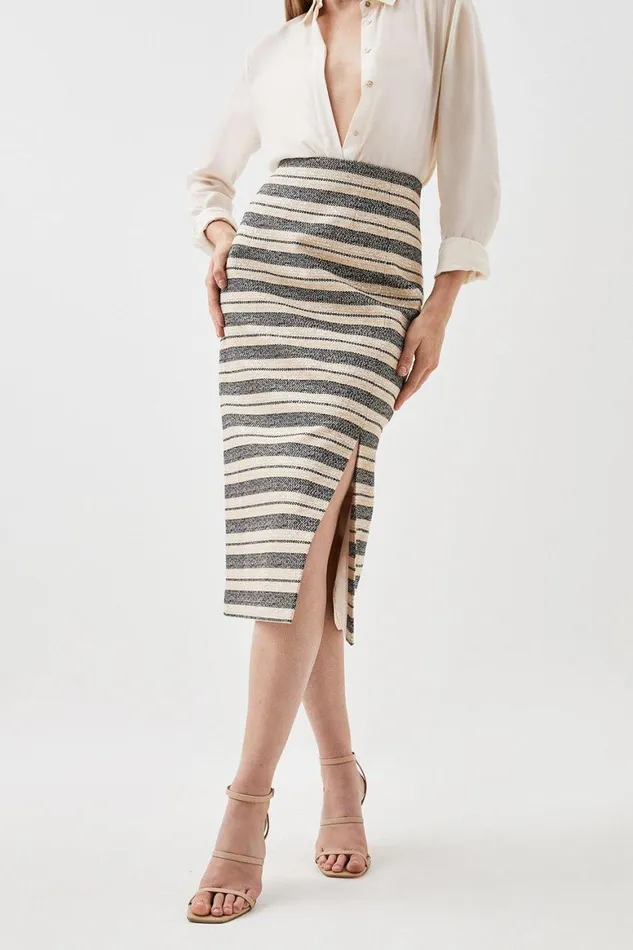 Skirts Women Karen Millen Italian Striped Sequin Tweed Detail Midi Skirt Multi
