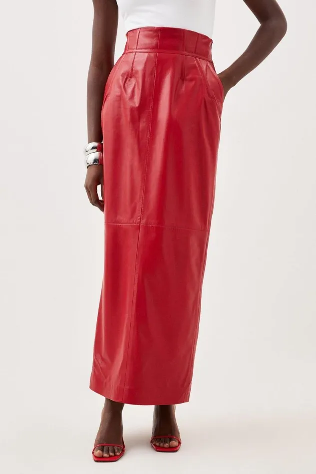 Skirts Women Karen Millen Leather Corset Detail High Waist Maxi Pencil Skirt Red