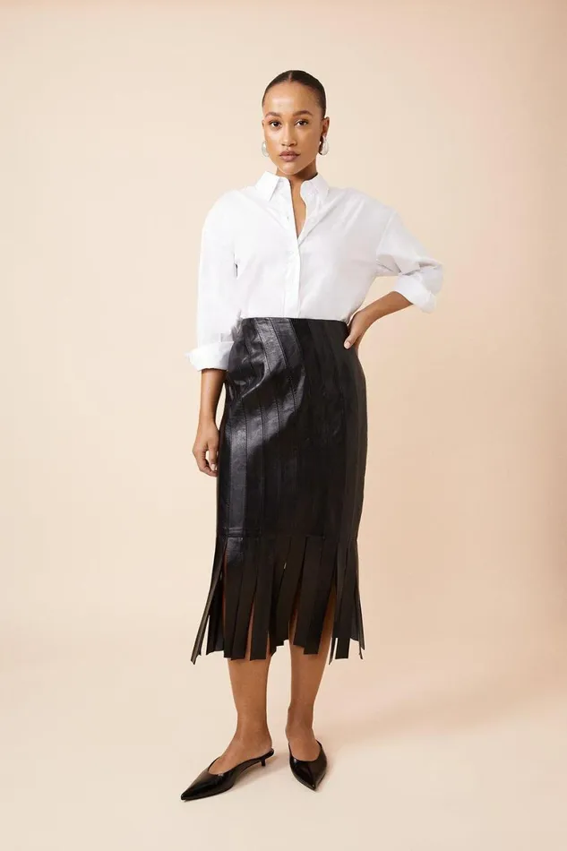 Skirts Women Karen Millen Leather Tassel Hem Pencil Skirt Black