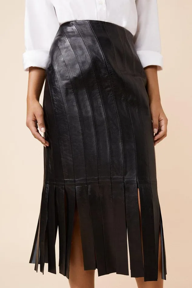 Skirts Women Karen Millen Leather Tassel Hem Pencil Skirt Black