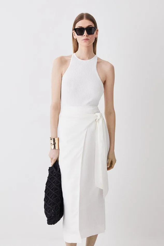 Skirts Women Karen Millen Linen Viscose Woven Wrap Tie Skirt Ivory