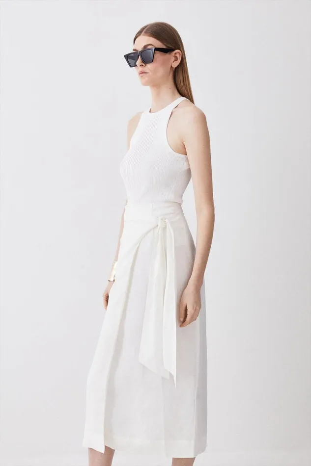 Skirts Women Karen Millen Linen Viscose Woven Wrap Tie Skirt Ivory