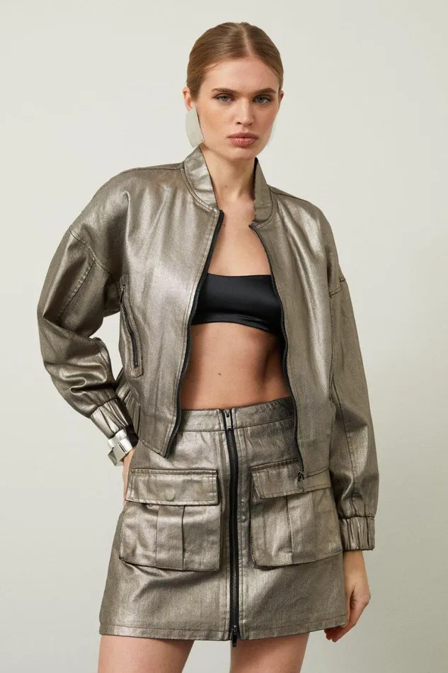 Skirts Women Karen Millen Metallic Denim Woven Mini Skirt Pewter