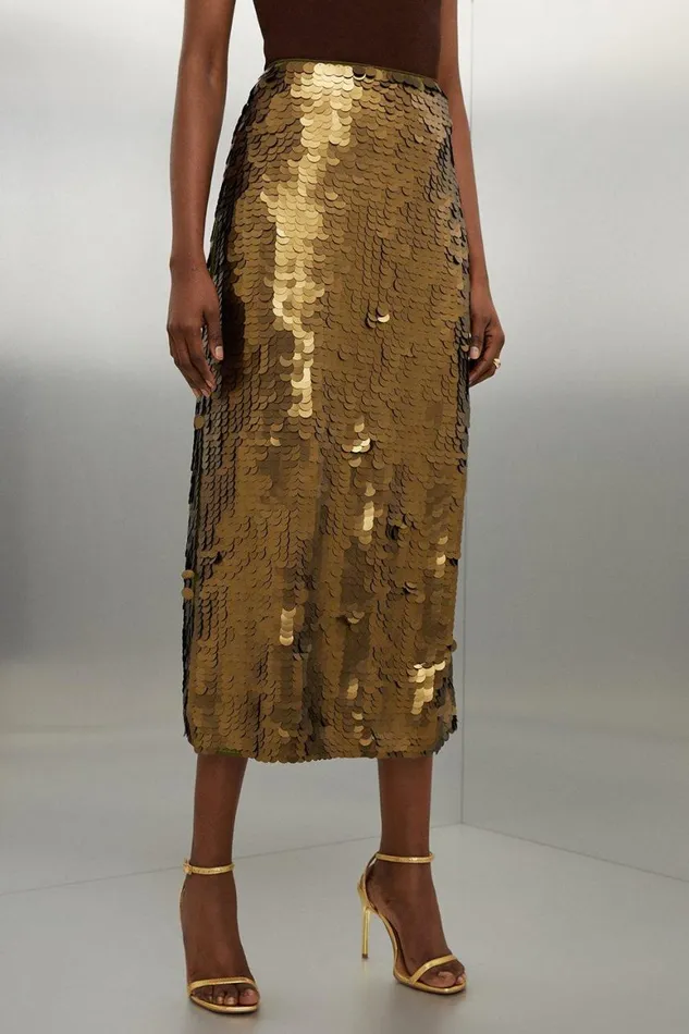 Skirts Women Karen Millen Metallic Matte Sequin Woven Midi Skirt Metallic Gold