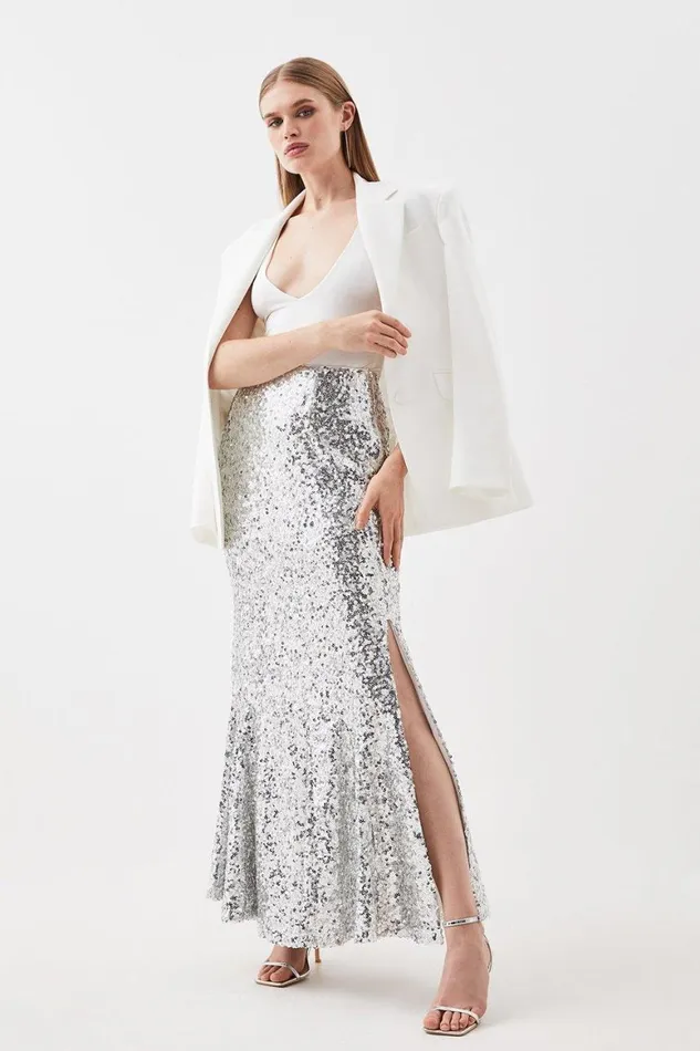 Skirts Women Karen Millen Sequin Flared Hem Maxi Skirt Silver