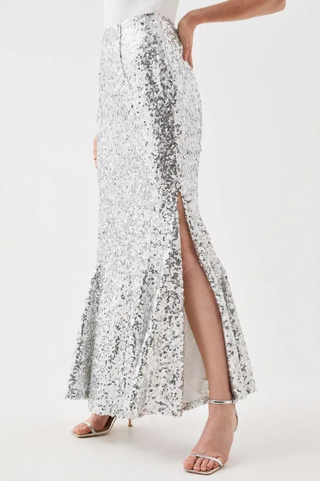 Skirts Women Karen Millen Sequin Flared Hem Maxi Skirt Silver