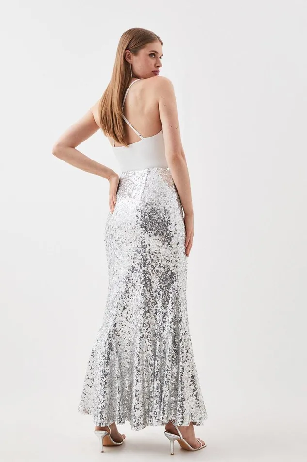 Skirts Women Karen Millen Sequin Flared Hem Maxi Skirt Silver