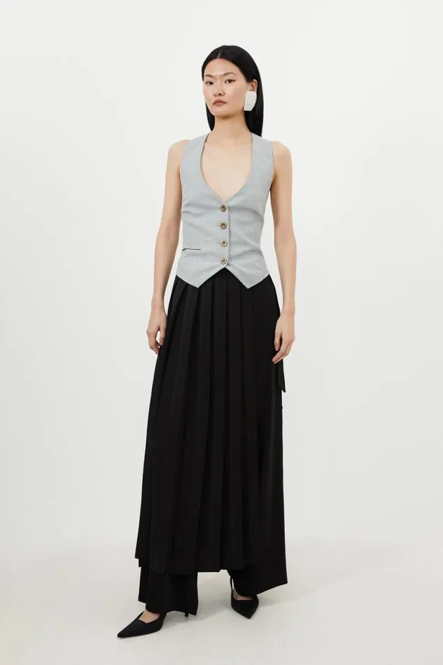 Skirts Women Karen Millen Soft Tailored Detachable Pleated Wrap Skirt Straight Trousers Black