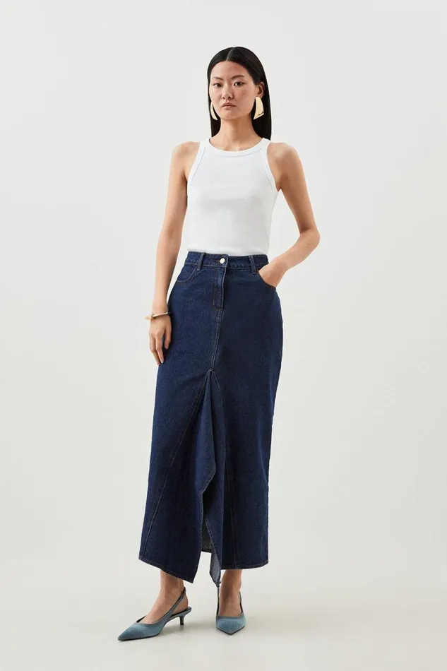 Skirts Women Karen Millen Tailored Asymmetric Maxi Denim Skirt Indigo