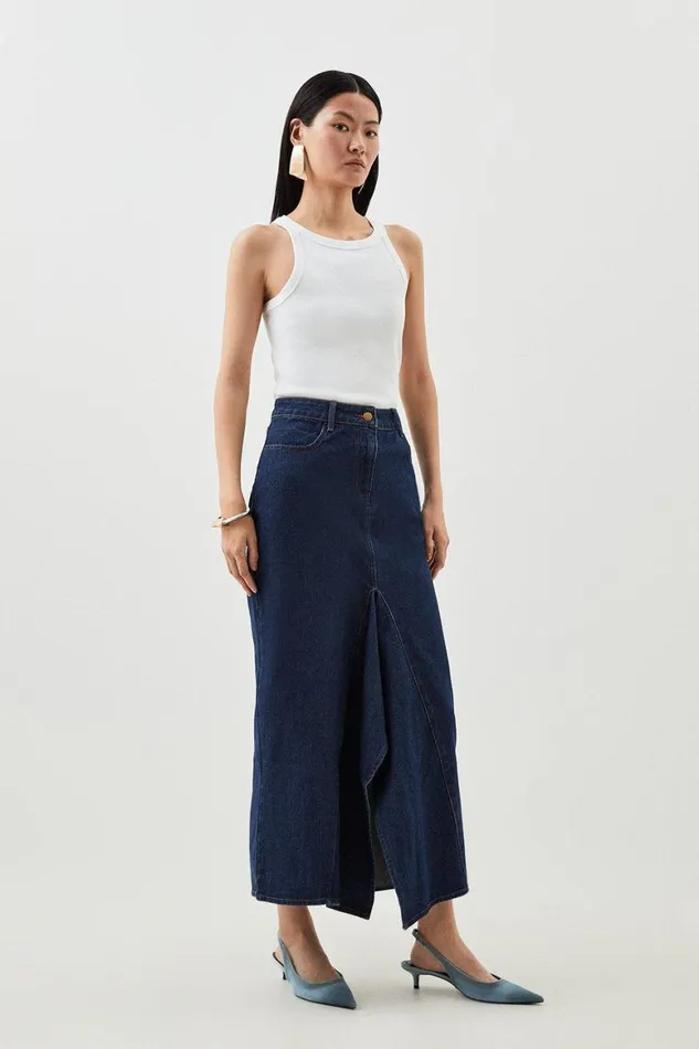 Skirts Women Karen Millen Tailored Asymmetric Maxi Denim Skirt Indigo