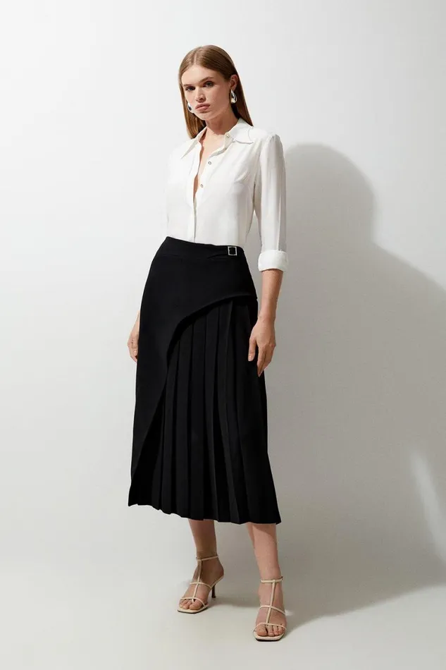 Skirts Women Karen Millen Tailored Buckle Detail Pleated Midi Skirt Black