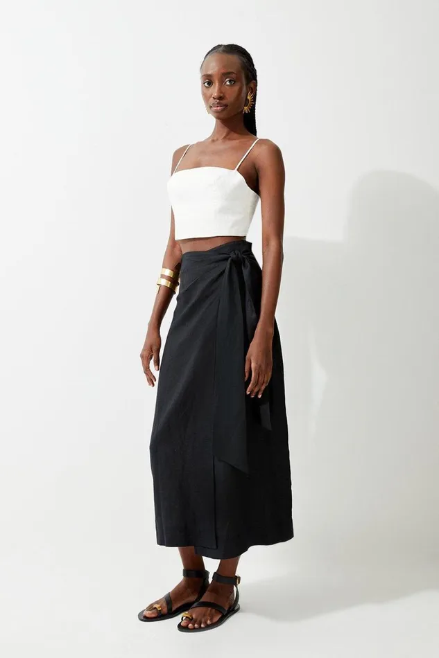 Skirts Women Karen Millen Viscose Linen Woven Tie Wrap Midi Skirt Black