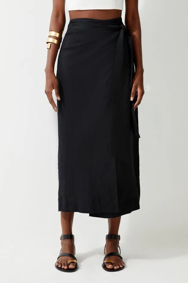 Skirts Women Karen Millen Viscose Linen Woven Tie Wrap Midi Skirt Black
