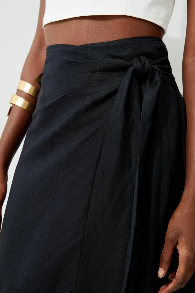 Skirts Women Karen Millen Viscose Linen Woven Tie Wrap Midi Skirt Black
