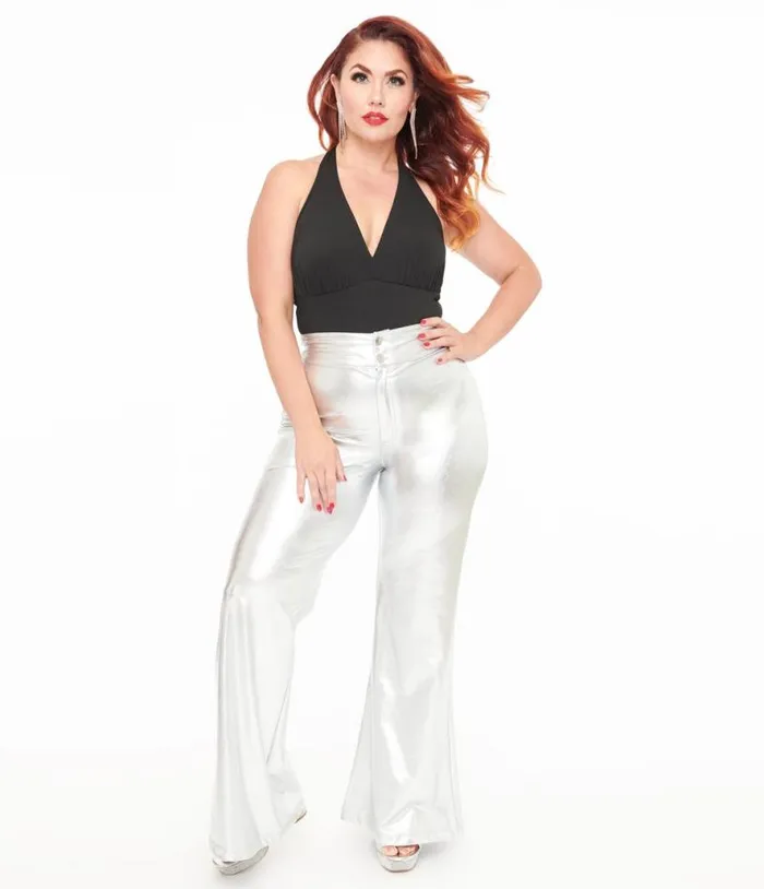 Smak Parlour 1960s Metallic Silver High Waist Flare Pants Clothing Unique Vintage Pants